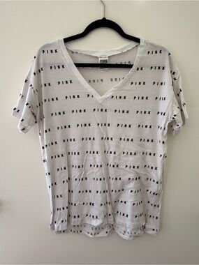 PINK Victoria's Secret White V-Neck Tee with Black Logo Print
